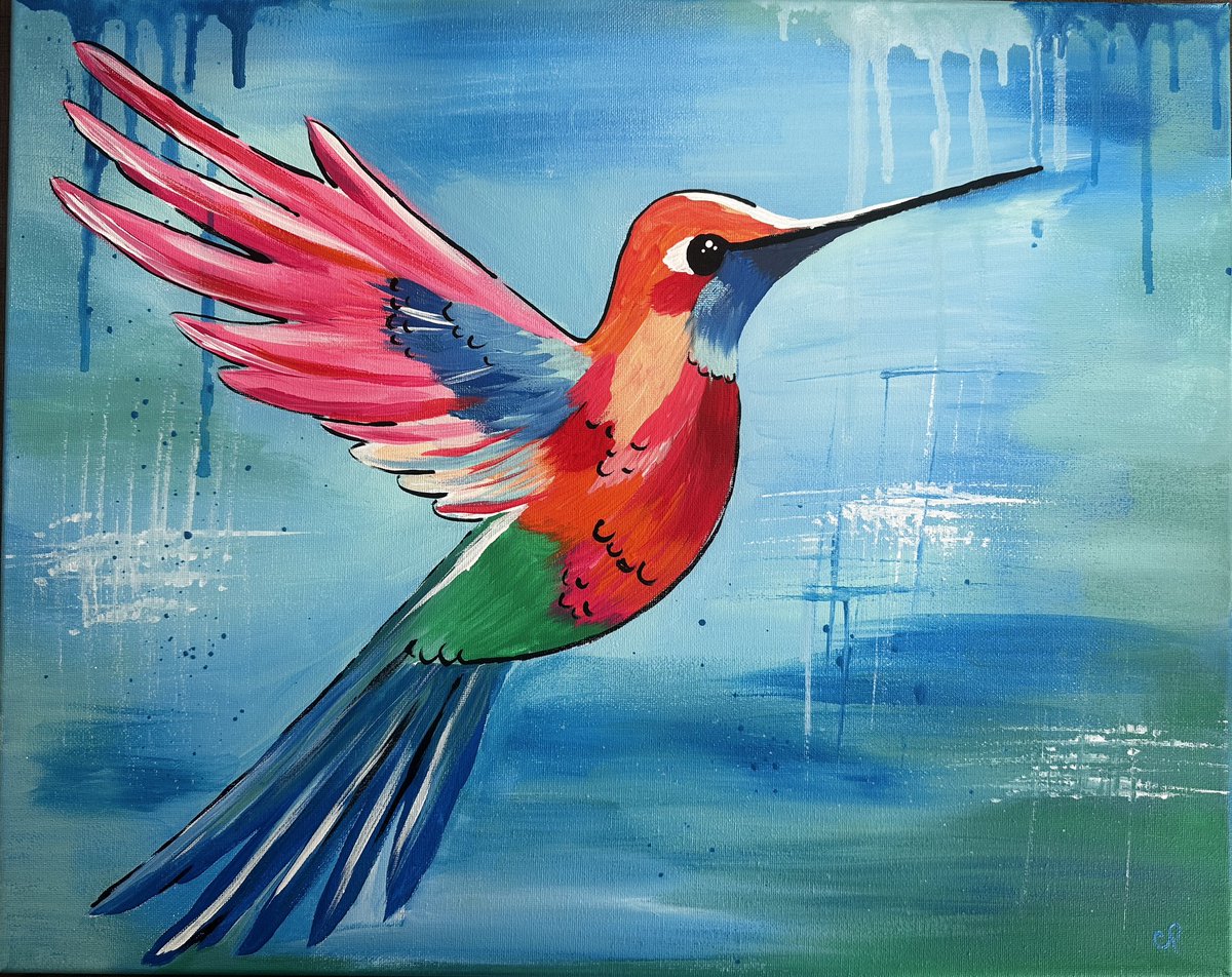 I am available to teach step by step paint parties. We can do them online. I just painted this fun guy. #paintparty #hummingbird