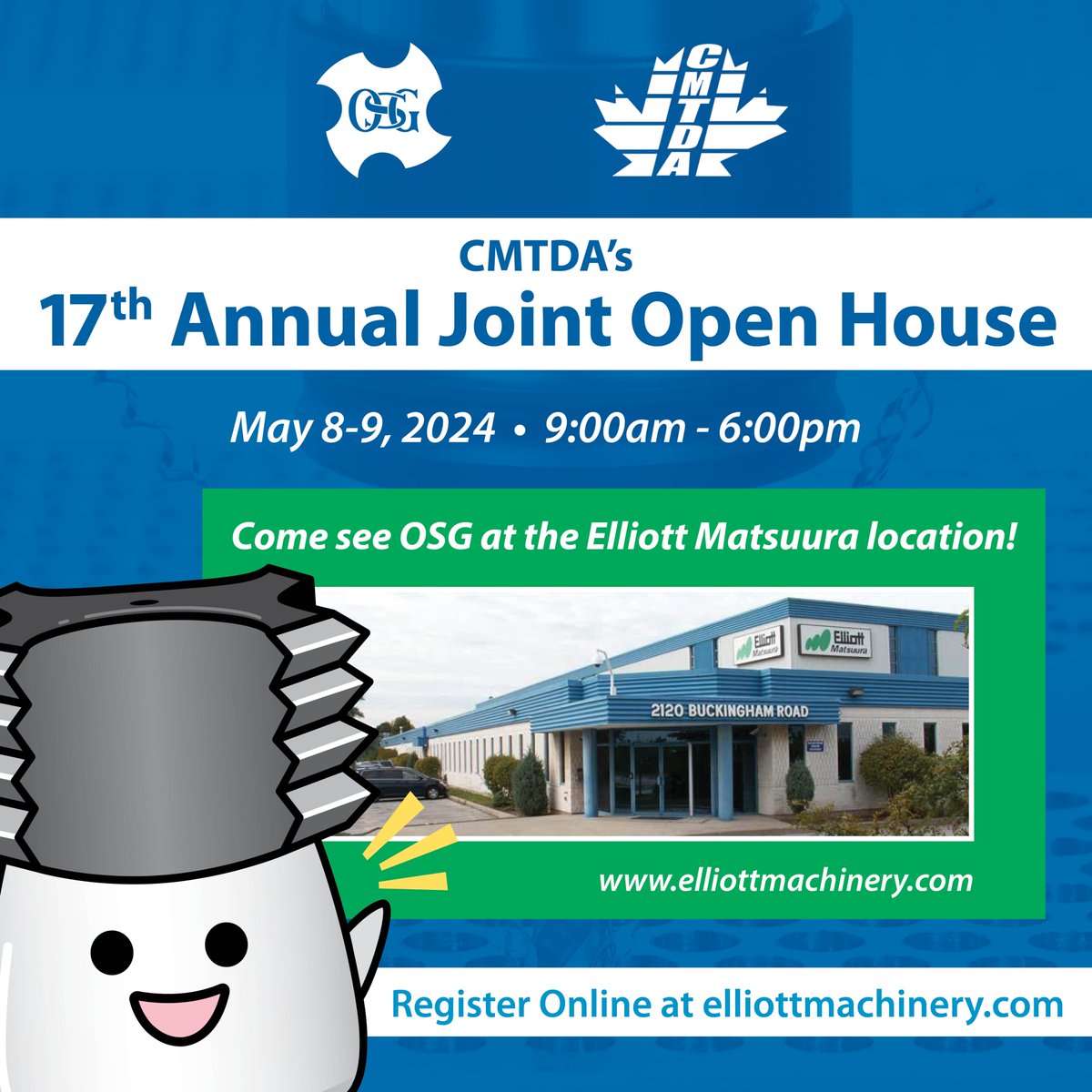 It's almost time for the 17th Annual Joint Open House!

Come find us at Elliott Matsuura in Oakville and learn about the latest technology in the industry.

Find more and register here: elliottmachinery.com/events/17th-an…

#osgcanada #manufacturing #cuttingtools #elliottmatsuura #openhouse