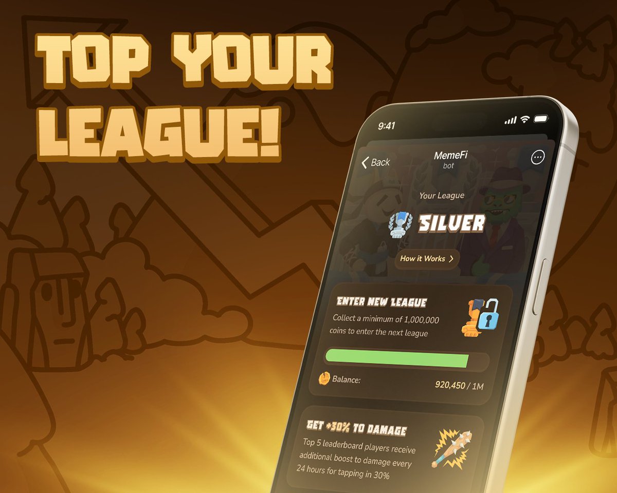 Top the leaderboard! 

Sleepless nights. Based update. Lessgo the leaderboard is here!

Build up your rating. Join higher leagues. Get to top 5 and receive a +30% damage boost! 😵

Become the top dog in MemeFi Coin:

t.me/memefi_coin_bot