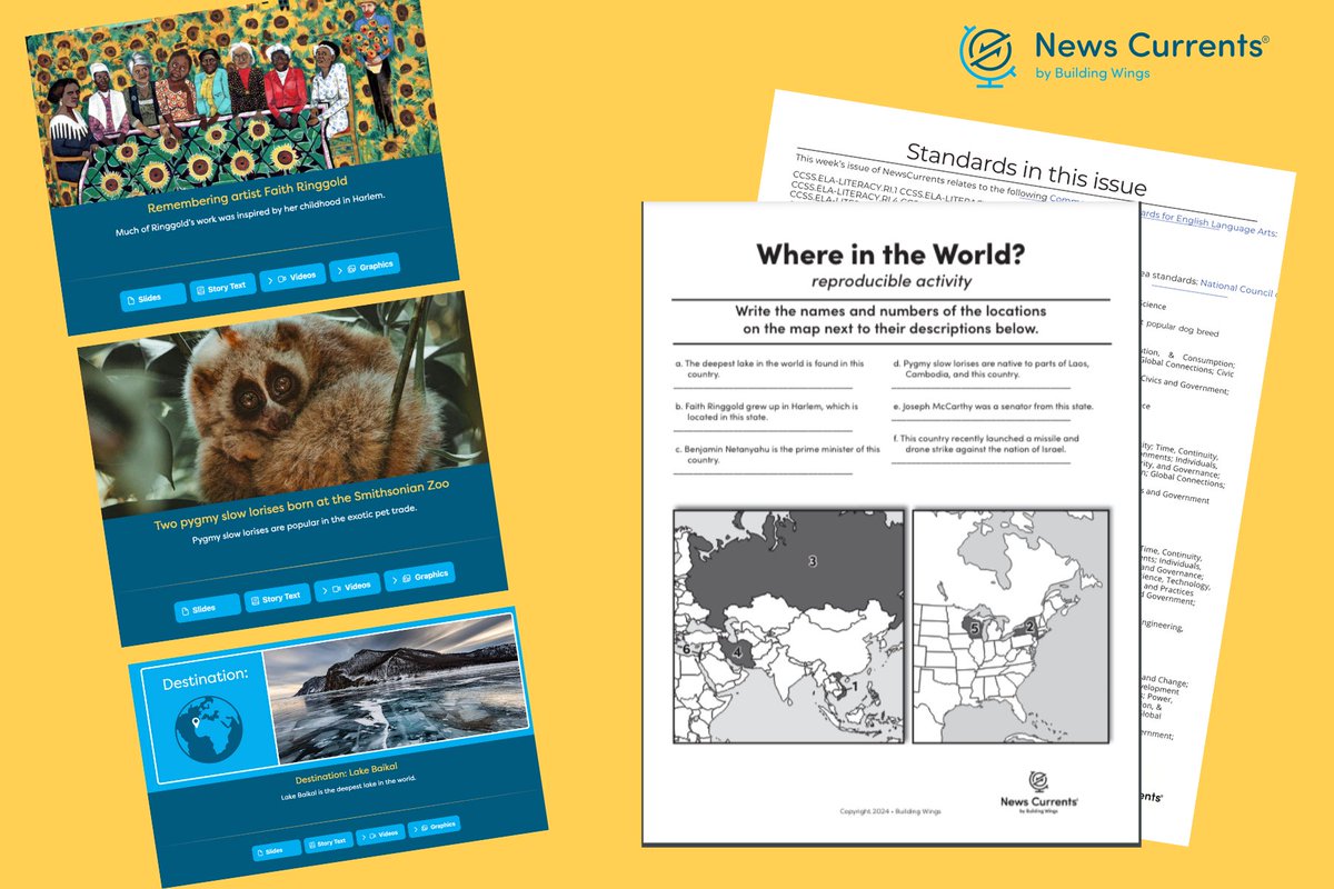 This week's #NewsCurrents features articles with leveled text, discussion prompts, images, videos, and knowledge-building activities on Faith Ringgold's inspiring work, Lake Baikal, endangered pygmy slow lorises, and more. knowledgeunlimited.com/news-currents/