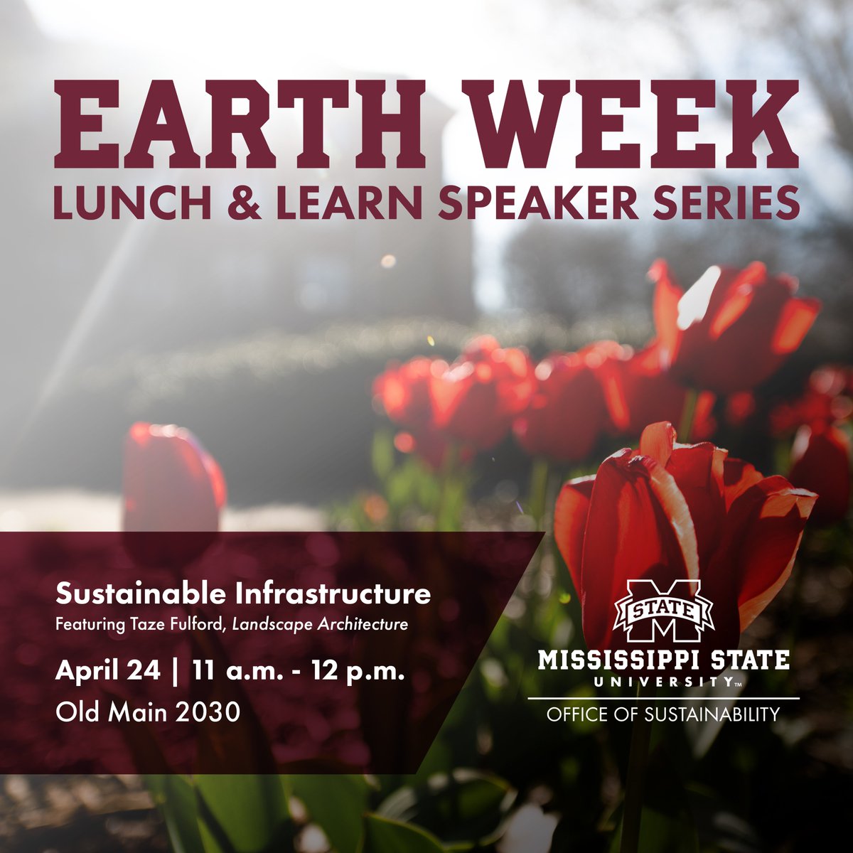 msstatecampus's tweet photo. TOMORROW........Join us for lunch and start the sustainability conversation!
Prof Taze Fulford will be sharing how sustainable infrastructure creates a more efficient and environmentally friendly world for all of us.
Bring a friend or colleague to join you! https://t.co/BKTmEQ8gRO