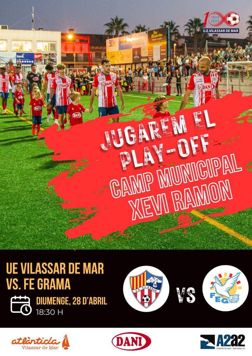 🔊Penúltim partit de la temporada a casa, i volem celebrar la classificació pels play-offs amb tota l'afició. Us ho mereixeu, ens ho mereixem. No hi falteu!

⚽️ <a href="/UEVilassardeMar/">U.E. Vilassar de Mar</a> vs. <a href="/FundacioGrama/">Fundació Esportiva Grama</a>
🗓️ 28/04/2024
🕡 18.30 h 🚨
📍 Mpal. Xevi Ramon

#ConservesDani <a href="/AtlantidaVdM/">Atlàntida Vilassar</a> #A2a2