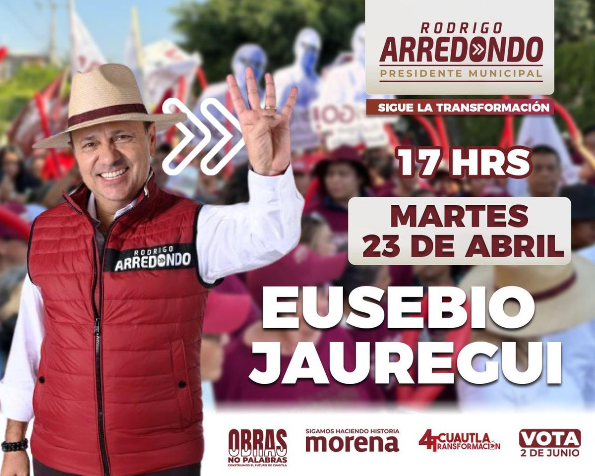 Vecinas y vecinos de la📍 Colonia Eusebio Jauregui, hoy martes 🗓️ 23 de abril a las 5 pm, en la Ruta de la Transformación los estaremos visitando. Allá nos vemos. #RodrigoArredondo #CuautlaTransformación #Elecciones2024