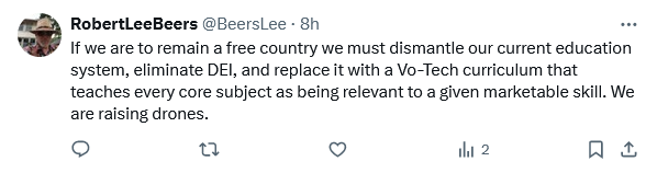 @brandonschwa7 @BeersLee @jbjk216 'In order to stop producing drones and remain a free country we must restructure our education system to eliminate the liberal arts and teach only skills related to particular employment'