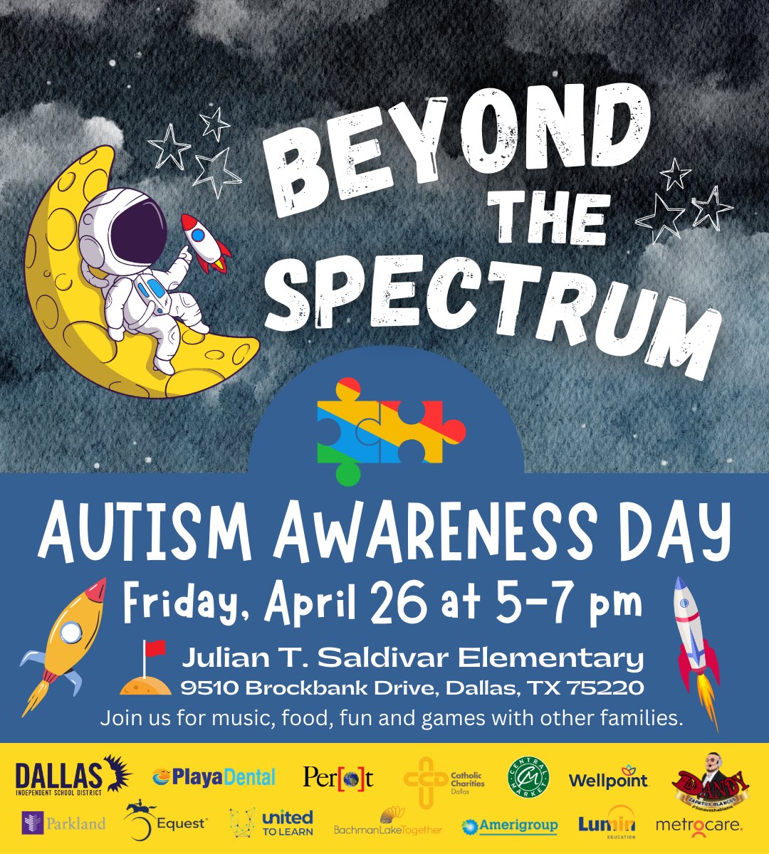 ED_Rivera_DISD's tweet photo. 🧩💙 Bringing awareness to Autism. Join us on Friday, April 26, at Julian T. Saldivar Elementary from 5-7 pm. Don’t miss it. Open to all families. It’s okay be different. #beyondthespectrum https://t.co/Y6w85XqOcR
