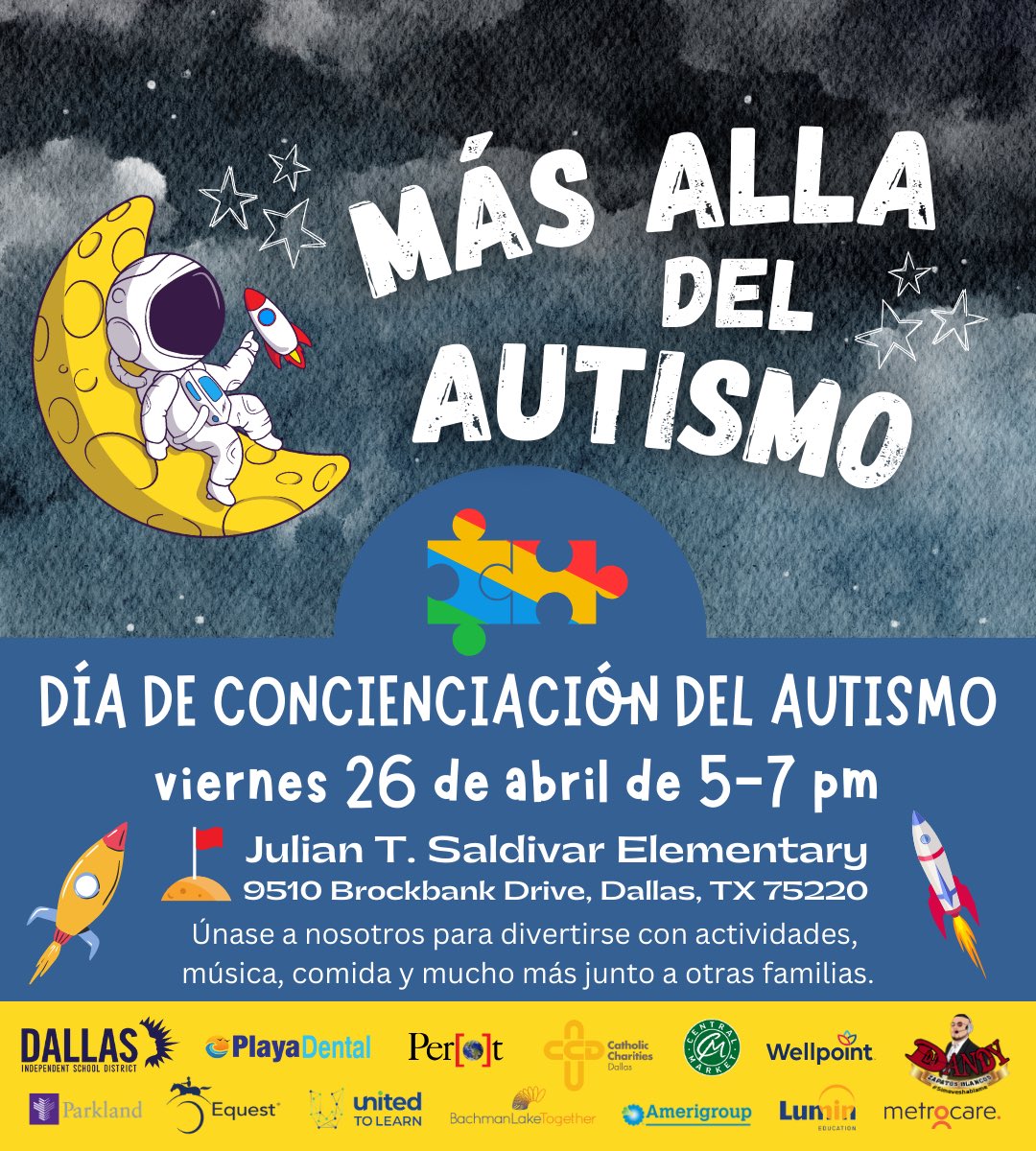 ED_Rivera_DISD's tweet photo. 🧩💙 Bringing awareness to Autism. Join us on Friday, April 26, at Julian T. Saldivar Elementary from 5-7 pm. Don’t miss it. Open to all families. It’s okay be different. #beyondthespectrum https://t.co/Y6w85XqOcR
