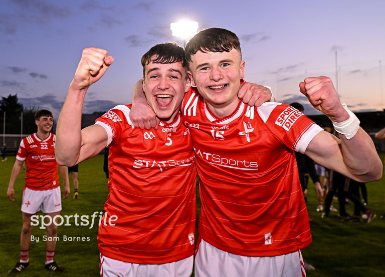 Tadhg McDonnell and Darragh Dorian celebrate after @louthgaa beat Dublin in tonight's EirGrid @gaaleinster U20 Football Championship semi-final at Parnell Park! 📸 @SportsfileSam sportsfile.com/more-images/11…