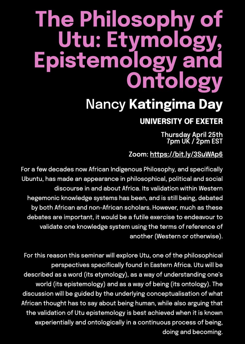 ONLINE EVENT: This Thursday's New Grounds ECR seminar is being given by Nancy Katingima Day (@UniofExeter), philosophically exploring the East African concept Utu, a cousin concept to Ubuntu.

More info and the full abstract can be found here:  newgroundsed.org/philosophy-of-… #education