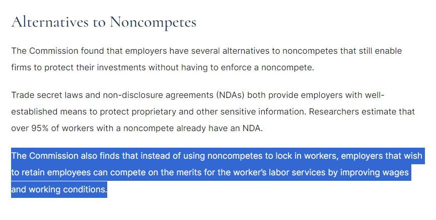Oh the shade to employers in the announcement: "The Commission also finds that instead of using noncompetes to lock in workers, employers that wish to retain employees can compete on the merits for the worker’s labor services by improving wages and working conditions."