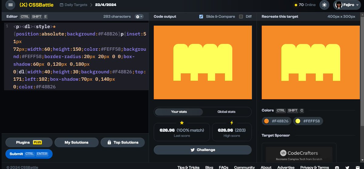 aberefejiro's tweet image. {⚔️} Day 8 of #CSSBattleDaily streak: Apr 23  — 626.96 score / 283 chars cssbattle.dev/play/sugeAoI6O… via @css_battle 
EASY