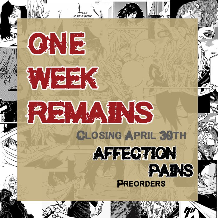 ONE WEEK LEFT!

Help us get our stretch goals unlocked to make your bundles all the more exciting!!

Get yours here: affectionpainszine.bigcartel.com