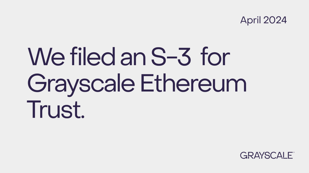 Today, we filed a registration statement on Form S-3 to register shares of Grayscale Ethereum Trust (OTCQX: $ETHE) under the Securities Act of 1933. This is another important step toward uplisting ETHE as an ETF*. (1/6)