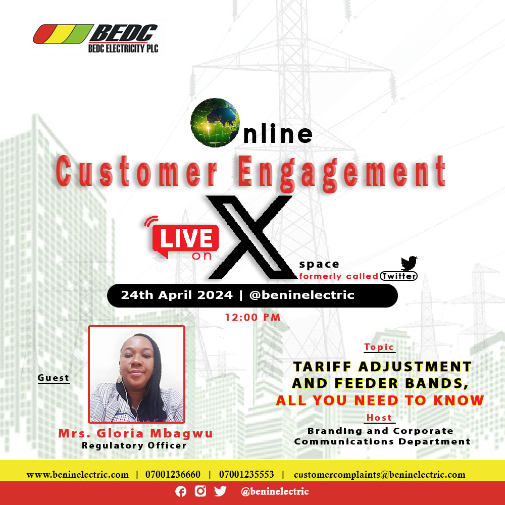 Dear Valued Customer, Please join us for our monthly online customer tomorrow by 12:00 PM, here on X. We shall be discussing all feeder bands and tariff.