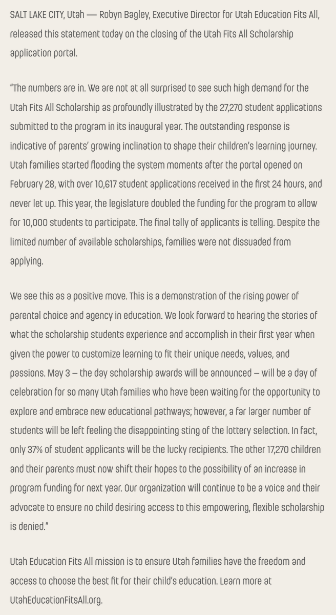 The #UtahFitsAllScholarship portal closed yesterday with over 27,000 students applying for 10,000 scholarships! See UEFA's statement 👇READ: utaheducationfitsall.org/ufa-announceme…