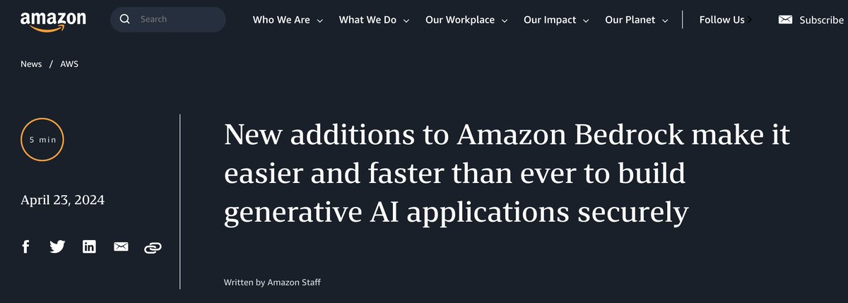 Significant enterprise #AI news from @awscloud today:

The new Amazon #Bedrock Custom Model Import now allows orgs to import and access their own custom #AI models as a fully managed instances.

Much-needed #PrivateAI features are rapidly emerging.

aboutamazon.com/news/aws/amazo…