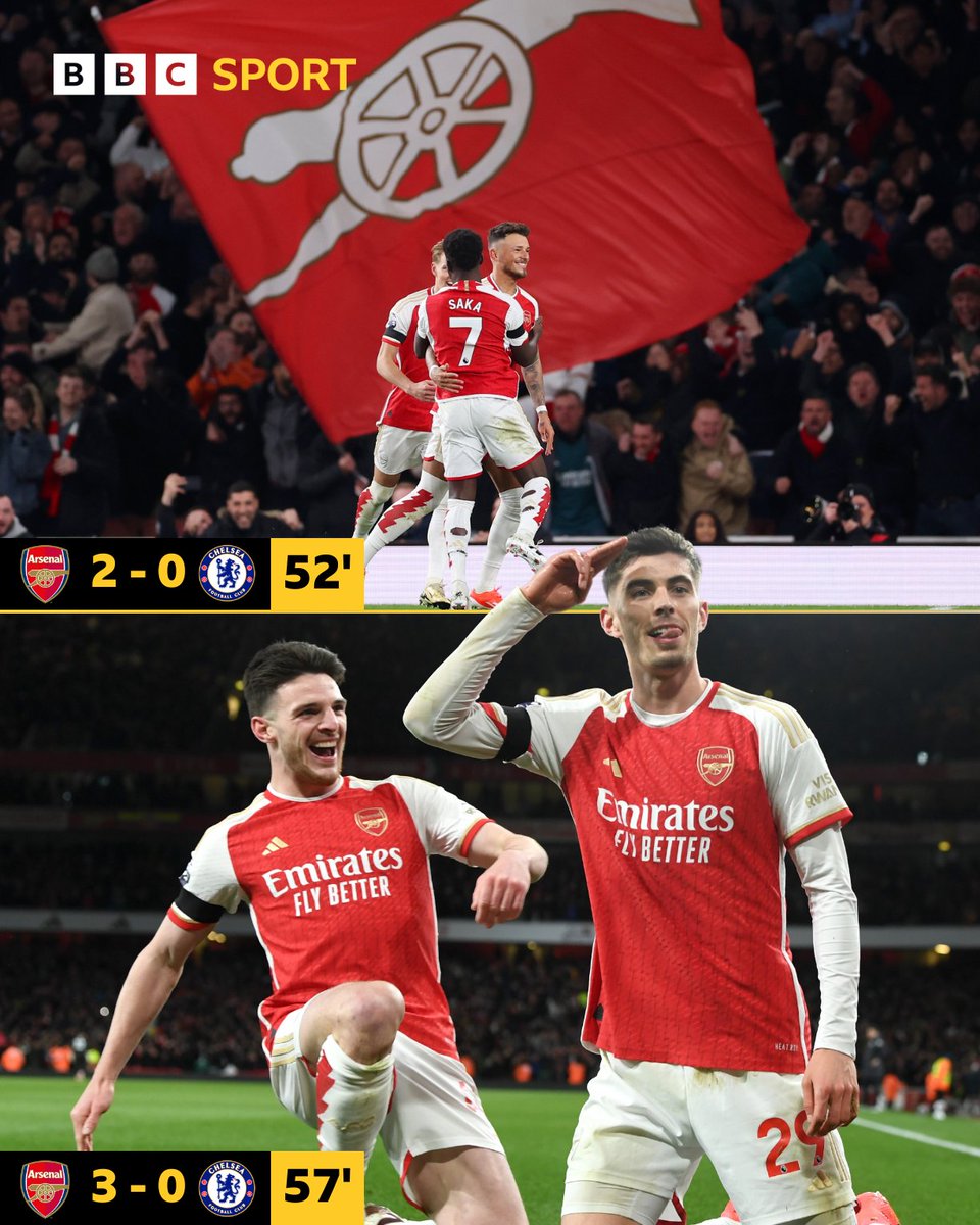 Two Arsenal goals in quick succession ⏱️ 5️⃣ Ben White with his fifth league goal this season 🔟 Kai Havertz with his tenth league goal this season #ARSCHE #BBCFootball
