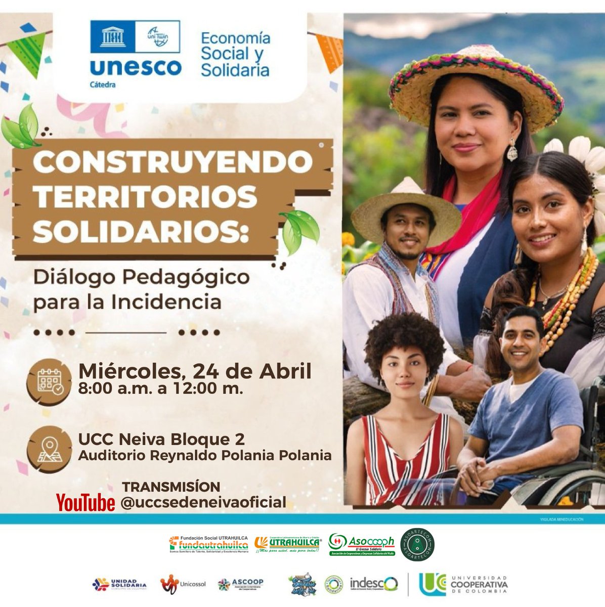 Cordial y solidaria invitación a la cátedra UNESCO el día de mañana. 
⏰ 8 am hasta 12 m 
📍Universidad Cooperativa de Colombia, Sede Neiva.