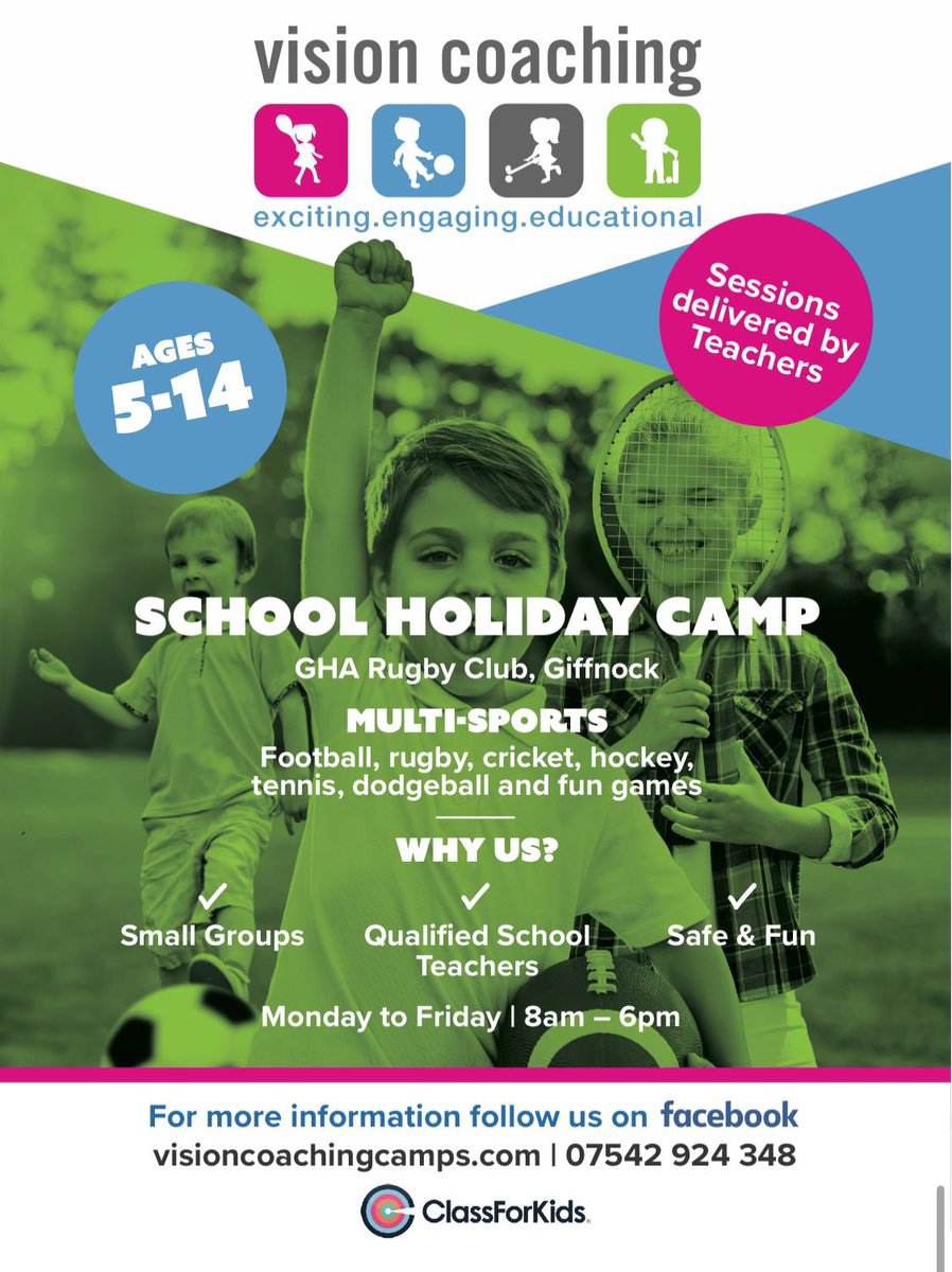 ⚽️ School Holiday Sports Camp🎾 ✅ Book & Pay in May to save 10% using code CJF658 📲Limited spaces: 📍 Book Giffnock: vision-coaching.classforkids.io/camp/43 📍 Book Ayr: vision-coaching.classforkids.io/camp/44 @WhatsOnNetwork @GHArugby @ayrcc @whatsonayrshire