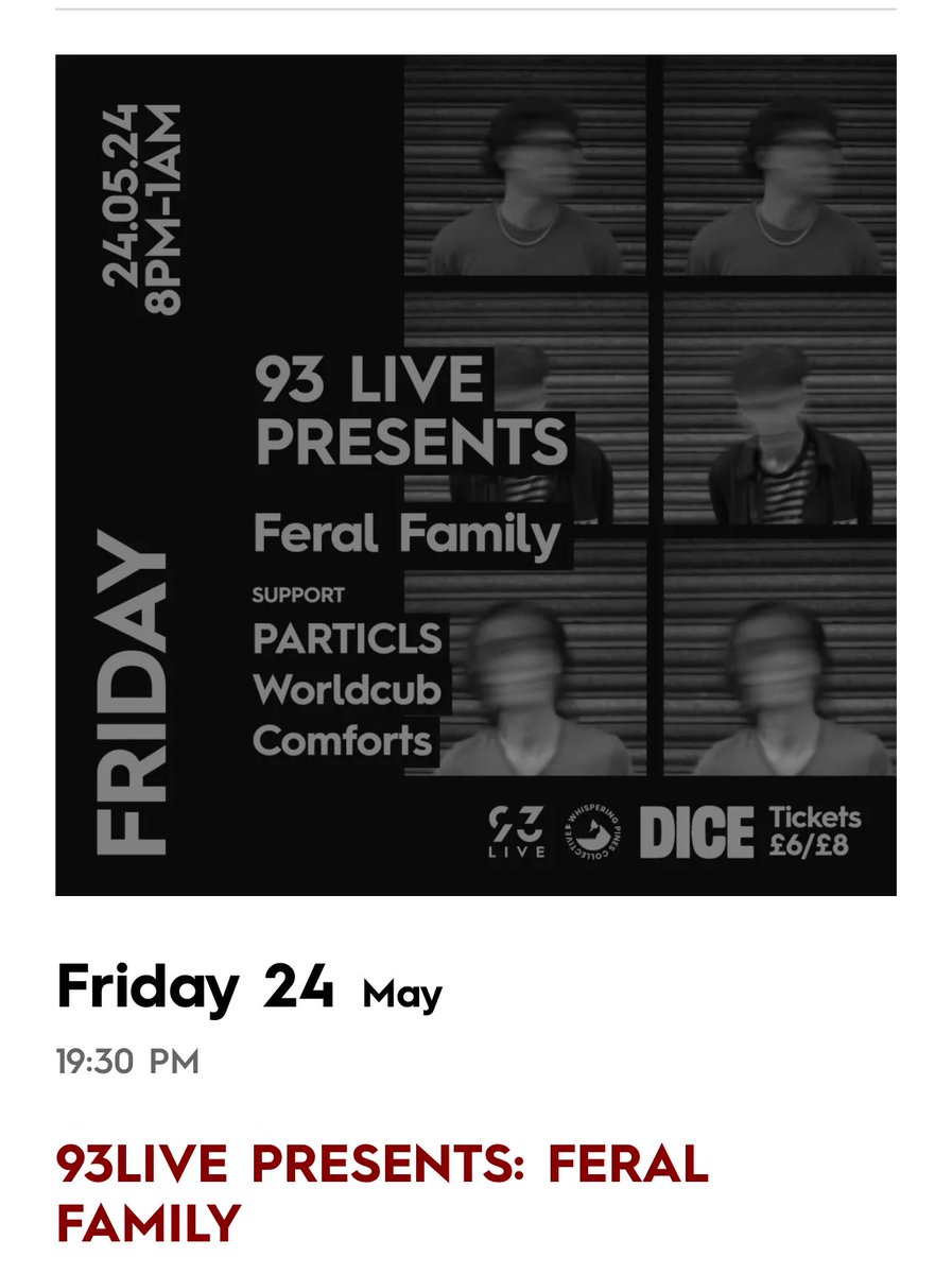 London! It’s a helluva bill, gonna be one helluva night! @FERALFAMILYUK headline @93FeetEast Friday May 24, w/ brilliant support from PARTICLS, @worldcubworld & @weareComforts 🙌🏻 Come one, come all! ⬇️ link.dice.fm/bPXcS9fr2Ib?sh… #lovelivemusic #supportindependentmusic