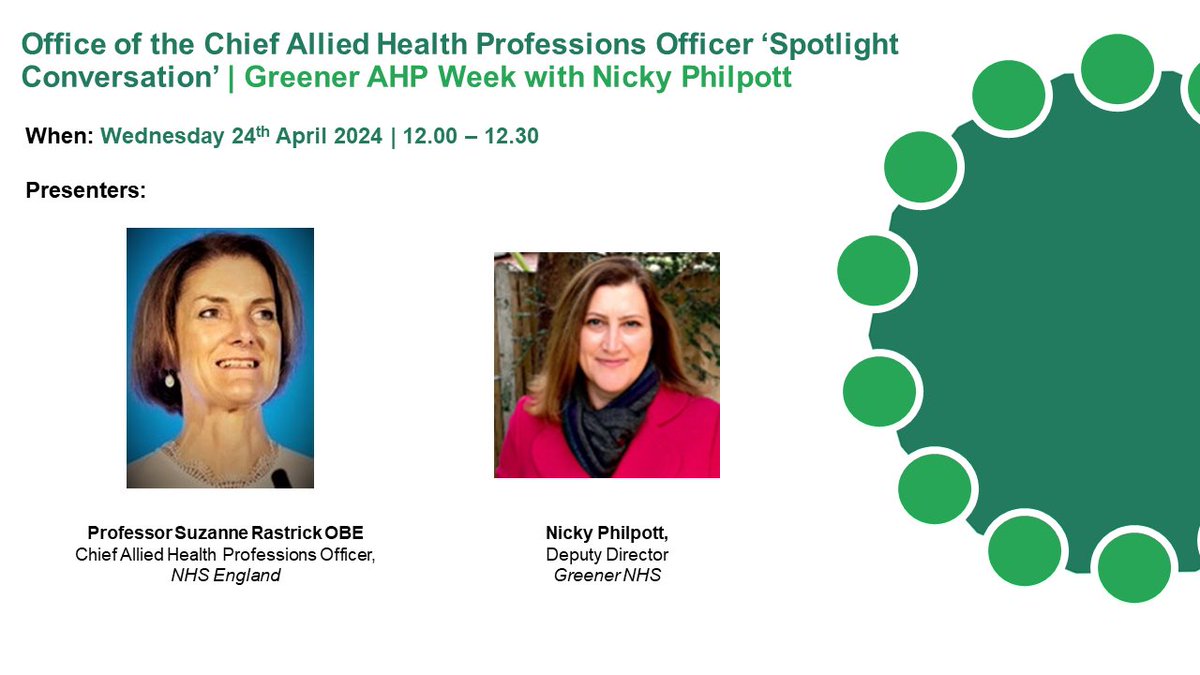 🚨Tomorrow: CAHPO Spotlight Conversation for Greener AHP Week   🧩The conversation will explore the role of our #AHP community in delivering Net Zero Carbon NHS   🧩I will be joined by @Nicky_Philpott   📆 Wed 24 April 12:00 – 12:30   Join via 👉 tinyurl.com/5n6hktar @WeAHPs