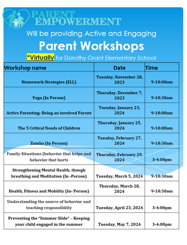 Hello DGIA Family,

We wanted to remind everyone that we have a Parent Empowerment workshop this afternoon from 3 p.m. - 4 p.m. Please come join us as we look to understand child behavior. We hope to see you then!

​bit.ly/Childbehavior