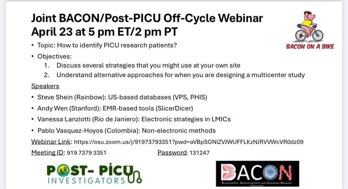 @BaconStudy webinar about “How to identify PICU research patients” will start soon!
Join us on this interesting discussion!

@KarsiesTodd @pvasquezcolpicu @sgdambrauskas @LaCampo4 @StanfordPCCM @StanfordPeds @Martin_Kneyber @JColletijr @PALISInet 
#PedsICU