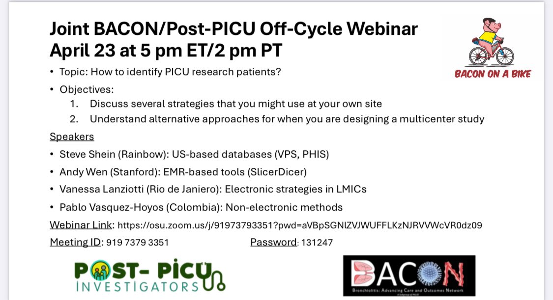 Vanessa S. Lanziotti (@vslanziotti) on Twitter photo <a href="/BaconStudy/">BACON_Study</a> webinar about “How to identify PICU research patients” will start soon!
Join us on this interesting discussion!
<a href="/KarsiesTodd/">Todd Karsies-PICU_MD</a> <a href="/pvasquezcolpicu/">Pablo Vásquez-Hoyos 🇨🇴, MD MSc</a> <a href="/sgdambrauskas/">Sebastián González-Dambrauskas, MD 👨⚕️🏥🌎</a> <a href="/LaCampo4/">La Campo - Anna Camporesi</a> <a href="/StanfordPCCM/">Stanford Pediatric Critical Care Medicine</a> <a href="/StanfordPeds/">Stanford Pediatrics</a> <a href="/Martin_Kneyber/">Martin Kneyber, MD PhD FCCM 🇺🇦</a> <a href="/JColletijr/">Colleti</a> <a href="/PALISInet/">PALISI</a>
#PedsICU <a href="/BaconStudy/">BACON_Study</a> webinar about “How to identify PICU research patients” will start soon!
Join us on this interesting discussion!
<a href="/KarsiesTodd/">Todd Karsies-PICU_MD</a> <a href="/pvasquezcolpicu/">Pablo Vásquez-Hoyos 🇨🇴, MD MSc</a> <a href="/sgdambrauskas/">Sebastián González-Dambrauskas, MD 👨⚕️🏥🌎</a> <a href="/LaCampo4/">La Campo - Anna Camporesi</a> <a href="/StanfordPCCM/">Stanford Pediatric Critical Care Medicine</a> <a href="/StanfordPeds/">Stanford Pediatrics</a> <a href="/Martin_Kneyber/">Martin Kneyber, MD PhD FCCM 🇺🇦</a> <a href="/JColletijr/">Colleti</a> <a href="/PALISInet/">PALISI</a>
#PedsICU