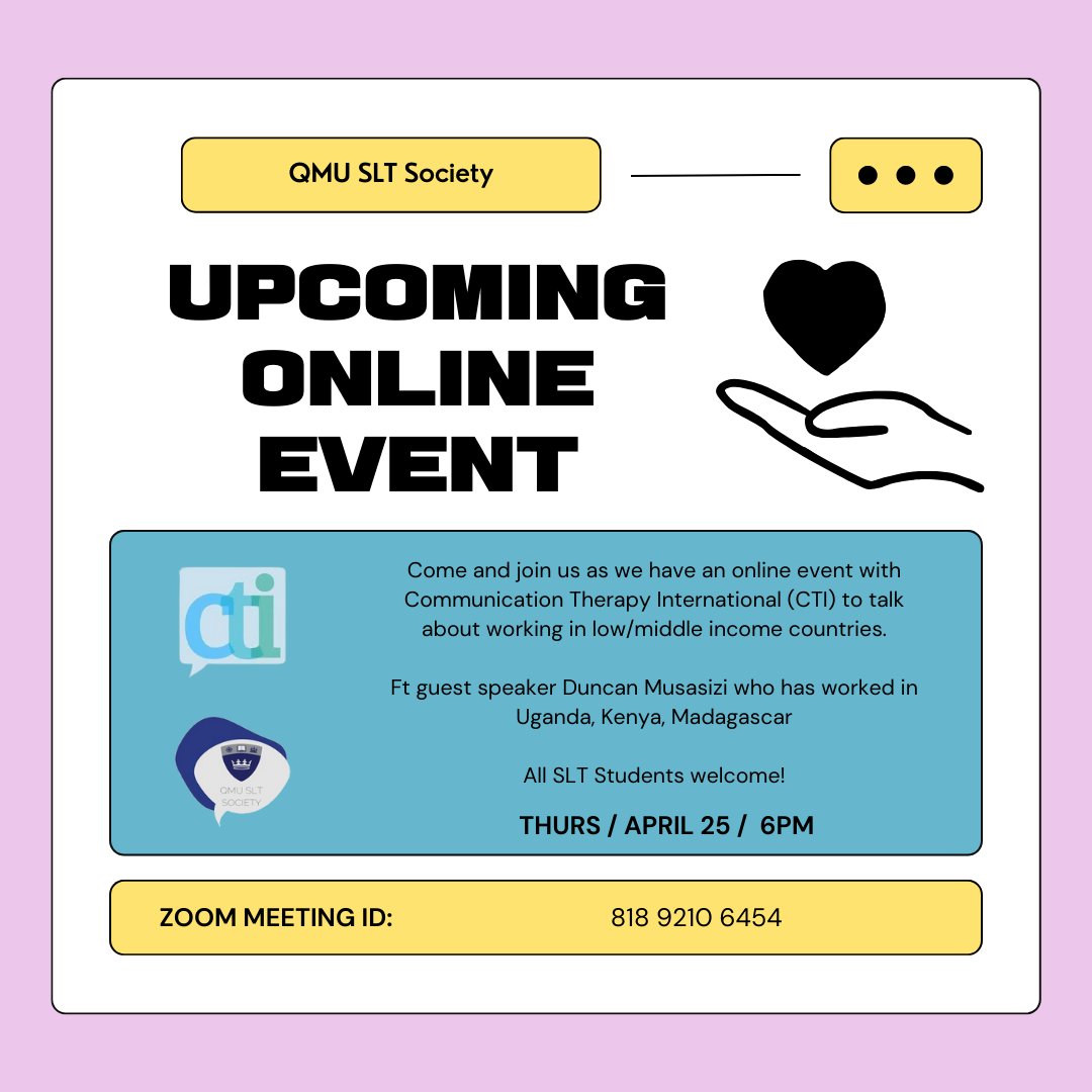 Comm_n International (@comm_ntherapy) on Twitter photo Calling all students: We are running a webinar jointly with the QMU SLT Society which is open to all SLT students who are considering working in low and middle income countries. Hannah O'Connor will be chatting to Duncan Musasizi about working in Uganda, Kenya and Madagascar. Calling all students: We are running a webinar jointly with the QMU SLT Society which is open to all SLT students who are considering working in low and middle income countries. Hannah O'Connor will be chatting to Duncan Musasizi about working in Uganda, Kenya and Madagascar.