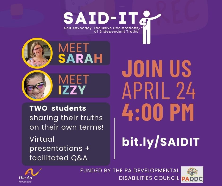 TOMORROW! The very 1st SAID-IT student presentations will happen at 4 pm on April 24! Tune in to watch Izzy & Sarah share their truths on their own terms! This event is free thanks to funding from @PaDDCouncil. Register now: bit.ly/SAIDIT