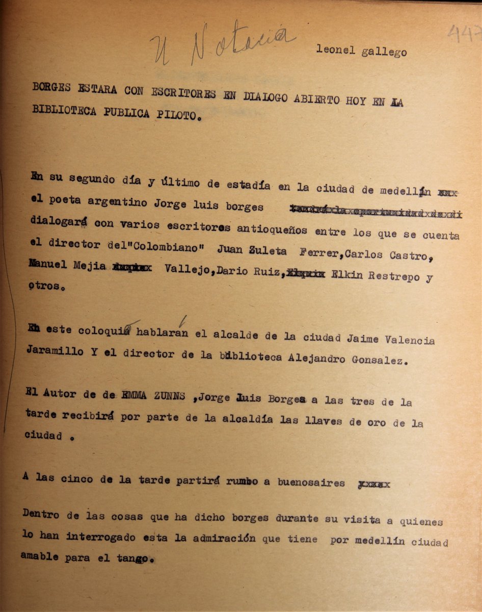 En el #DíaDelIdioma, recordamos esta noticia extraída del #FondoDocumentalRadioPeriódicoClarín donde se registraba la visita de Jorge Luis Borges a la <a href="/BPPiloto/">Biblioteca Pública Piloto</a> , un 20 de noviembre de 1978.📚✍🏽🗣📍

#AHMedellín
#PatrimonioMDE