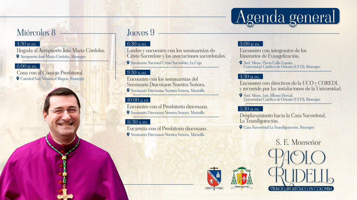 diosonriocol's tweet photo. 🟡 #Visita | S. E. Monseñor Paolo Rudelli,
Nuncio Apostólico de Colombia

Compartimos la agenda general de la visita que tendrá
lugar los días 8️⃣ y 9️⃣ de mayo. https://t.co/zKgScGLjAd