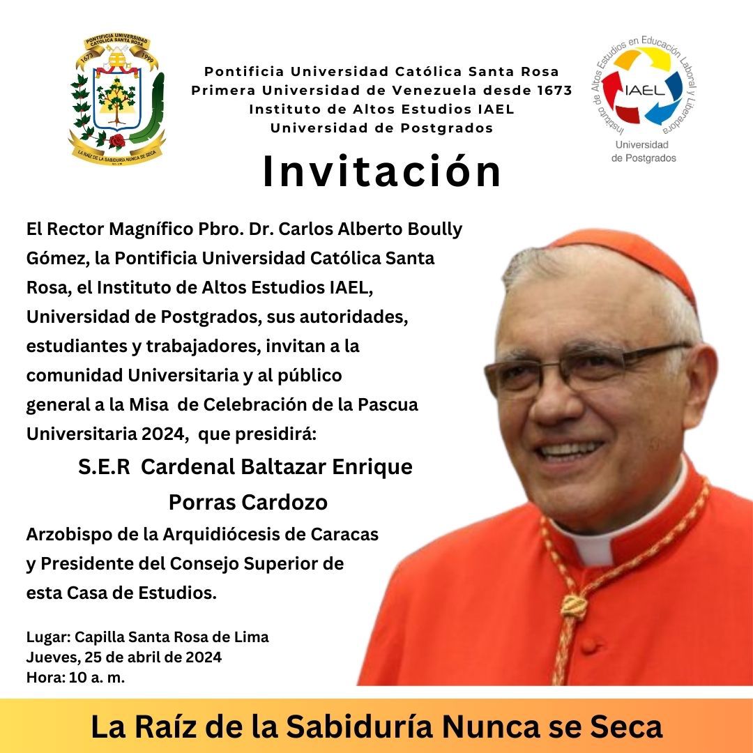 ucsardigital's tweet photo. S.E.R Cardenal Baltazar Porras visita nuevamente nuestra Casa de Estudios para presidir la Misa de Pascua Universitaria en la Capilla Santa Rosa de Lima, en compañía del Pbro. Dr. Carlos Boully, Rector Magnífico de la universidad. 
.
Jueves 25/04/24
Hora: 10:00 AM https://t.co/co0r9nK5mF