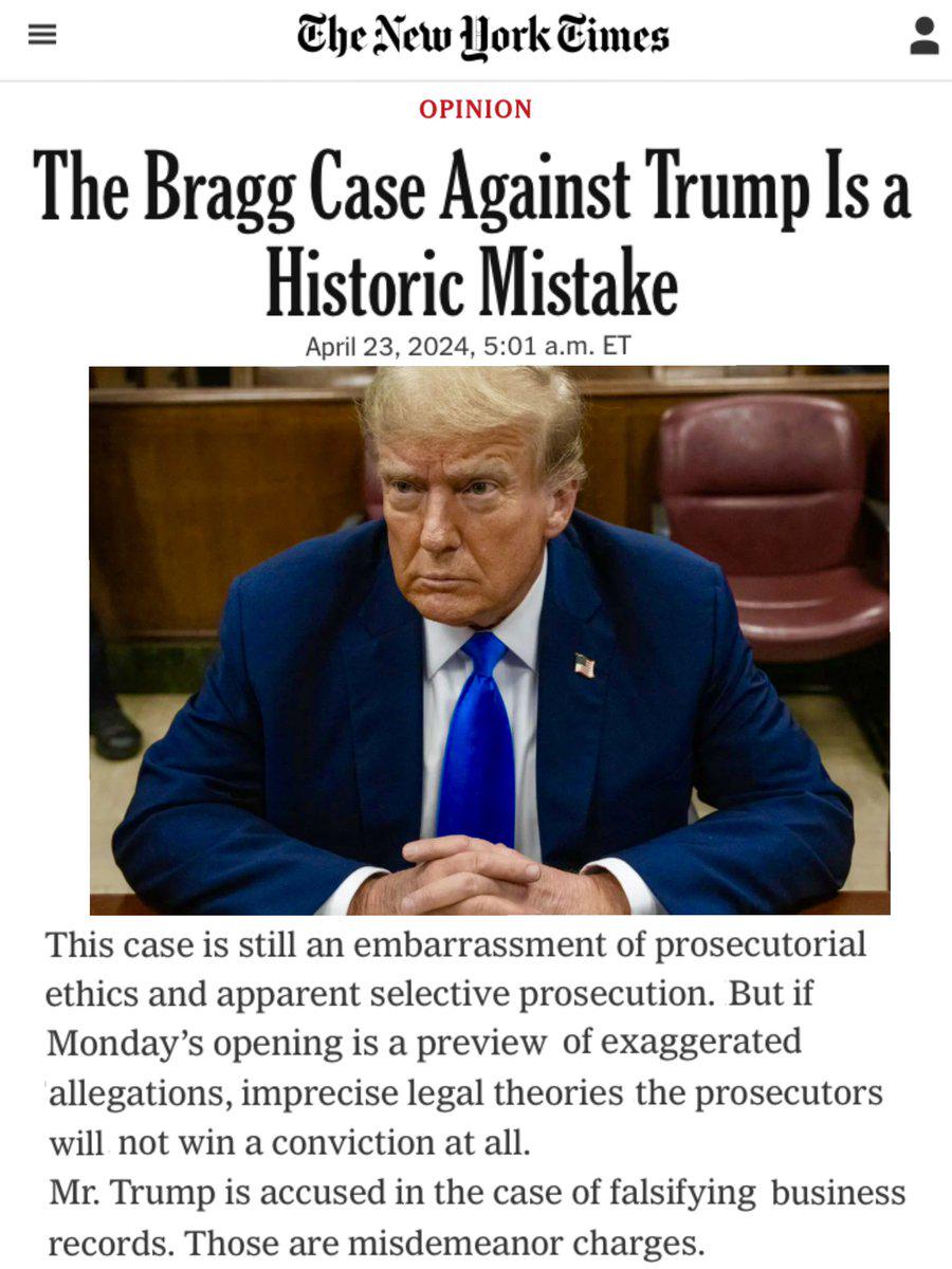 Even #Leftist Mouthpiece #NYTimes Agrees the #TrumpTrial is a historic mistake. Do you think it will drive even more support for #PresidentTrump ?