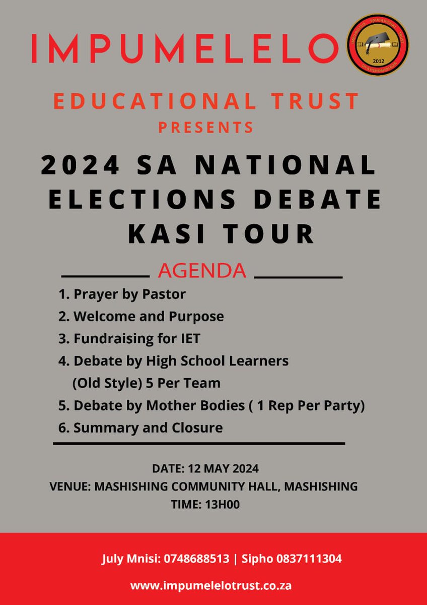 Join us in Mashishing, Mpumalanga on 11 May 2024 and witness a debate of the whole community and Ehlanzeni Region on SA Elections of 2024 @Rise_Mzansi @mailola_poppy @OmphileMaotwe @sassymsassy @eNCA @FaithMangope @DenzilTaylor @PabiMoloi @mdumanana @HermanMashaba