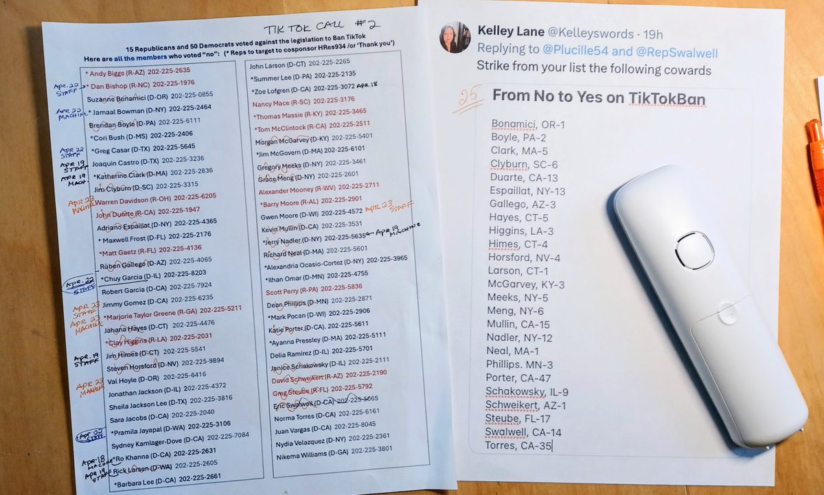 Apr 23: called reps to cosponsor #HRes934
Lft 3 messages, spoke w/2 staffers:
Warren Davidson @RepJimmyGomez @RepMTG  @RepValHoyle @RepGwenMoore 
Using 'NO Vote' #TikTokBan list alongside @Kelleyswords list of reps who recently reversed original 'NO' vote.🙄
#5CallsPerDay4Assange