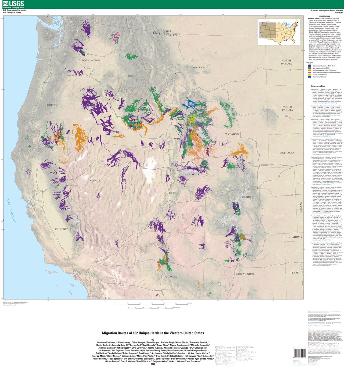 The migration map of the American West is coming in to focus. This is from a new #deer #elk #pronghorn #moose #bison report by @usgs with state & Tribal partners. The open spots either don't have migrations, haven't been mapped, or data hasn't been shared. usgs.gov/news/national-…