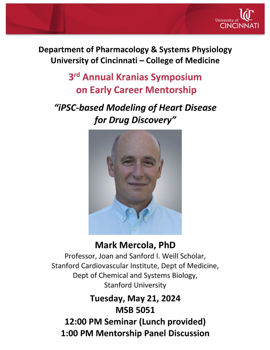 We are excited to announce that the 3rd Annual Kranias Symposium on Early Career Mentorship will be hosted by @UCPharmSysPhys at <a href="/UCincyMedicine/">UC College of Medicine</a>.