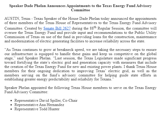 .@DadePhelan appoints three to the Texas Energy Fund Advisory Committee, the board overseeing the execution of #SB2627's power plant loan program. #txlege 

Appointees are:
-@DavidSpillerTX, co-chair
-@anahdz
-@toddahunter