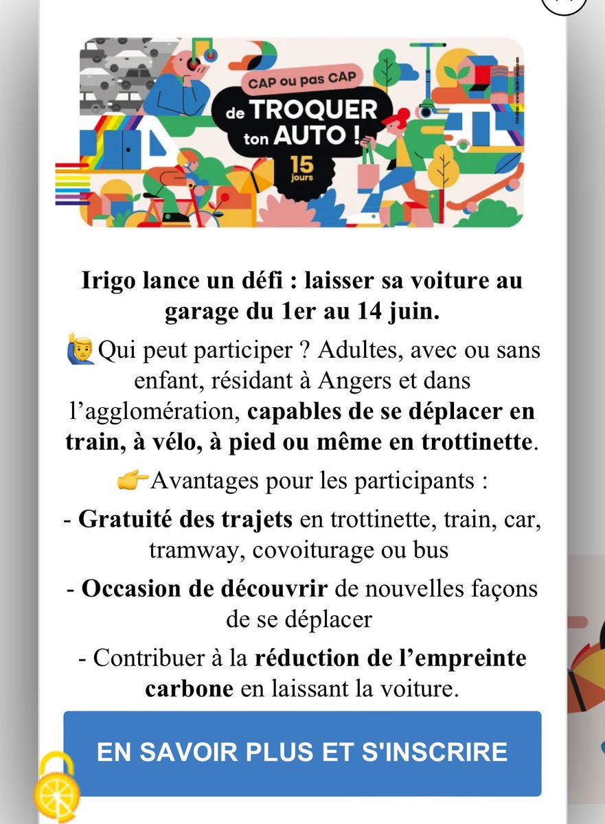 Cap ou pas cap ?
De quitter votre 🚙 pendant 15j ?
#Irigo vous lance le défi !
✔️ du 1er au 14 juin
✔️ des alternatives gratuites pendant la période 🚊 🚌 🛴 
Inscriptions ⤵️

irigo.fr/actualites/nou…

#Angers #mobilite #defi
