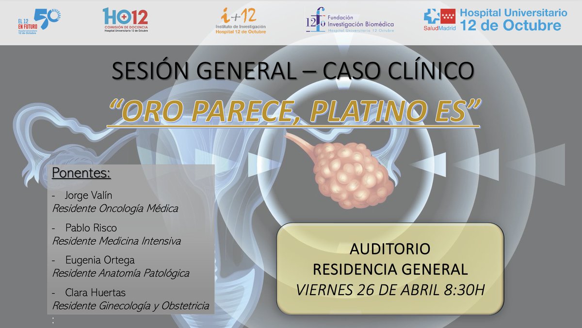 Anunciamos la sesión general de abril, que será un interesante caso clínico presentado de forma multidisciplinar por Oncología Médica, UCI, AP y Ginecología. Os esperamos este viernes 26 a las 8.30h en el Auditorio de la RG!