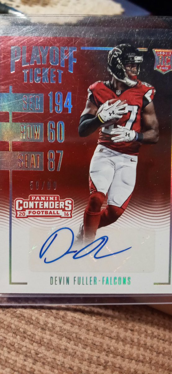 We have here a Football 2016 Devin Fuller #FALCONS Panini Contenders Playoff Ticket Certified Autograph Card #241, 59 of 99 made. Asking $2.00. Feel free to make any offers. Retweet or stack if you want. @HobbyConnector @Acollectorsdrea @sports_sell @CardboardEchoes