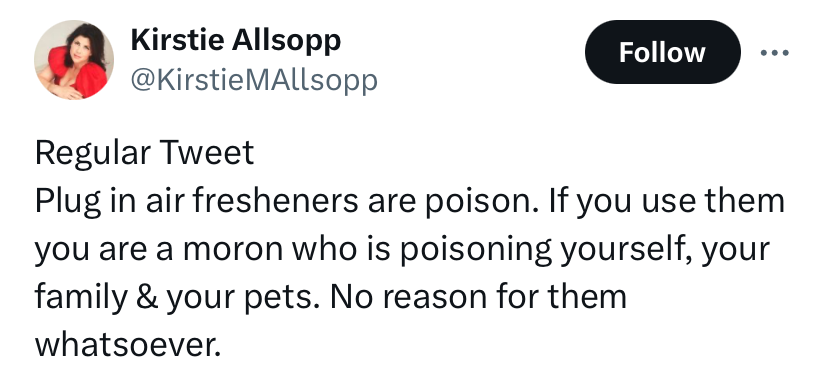 I agree… though I suspect that many people don’t know how bad these air fresheners are for health. 

#IndoorAirPollution
#ChemicalSensitivities 
#Allergies