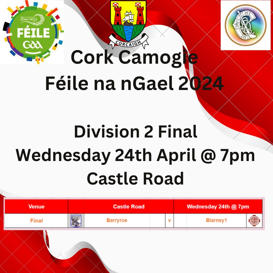 The Cork Camogie the Division 2 Feile na nGael final will take place in Castle Road on Wednesday 24th April @ 7pm between Barryroe and Blarney. Please support your clubs. @BlarneyGAA @BarryroeGAAClub