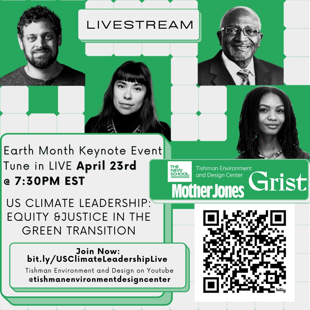 Join Us Live TODAY, In-Person (The New School Tishman Auditorium) and Online! #EarthMonth2024 #EJDisruptDesign Register at: bit.ly/USClimateLeade… @grist, @MotherJones, and @newschooltedc