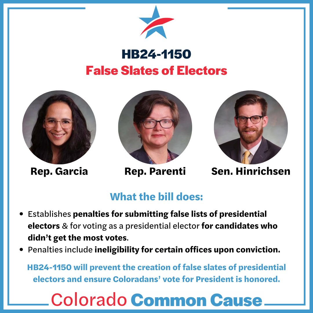 HB24-1150 (False Slates of Electors) has been passed and sent to the Governor's desk! Thank you @RepLorenaGarcia, @parentiforco, and @NickForCO for sponsoring this legislation to prevent future attempts to overturn presidential elections with false electors.