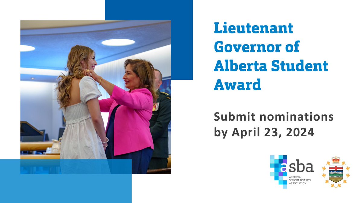 DEADLINE TODAY: Do you know a Grade 6, 9 or 11 student who has shown exceptional growth and determination? Nominate them today for our provincial Lieutenant Governor of Alberta Student Award! Learn more: asba.ab.ca/about/awards/ . . #ASBAEmpoweringSuccess #abed
