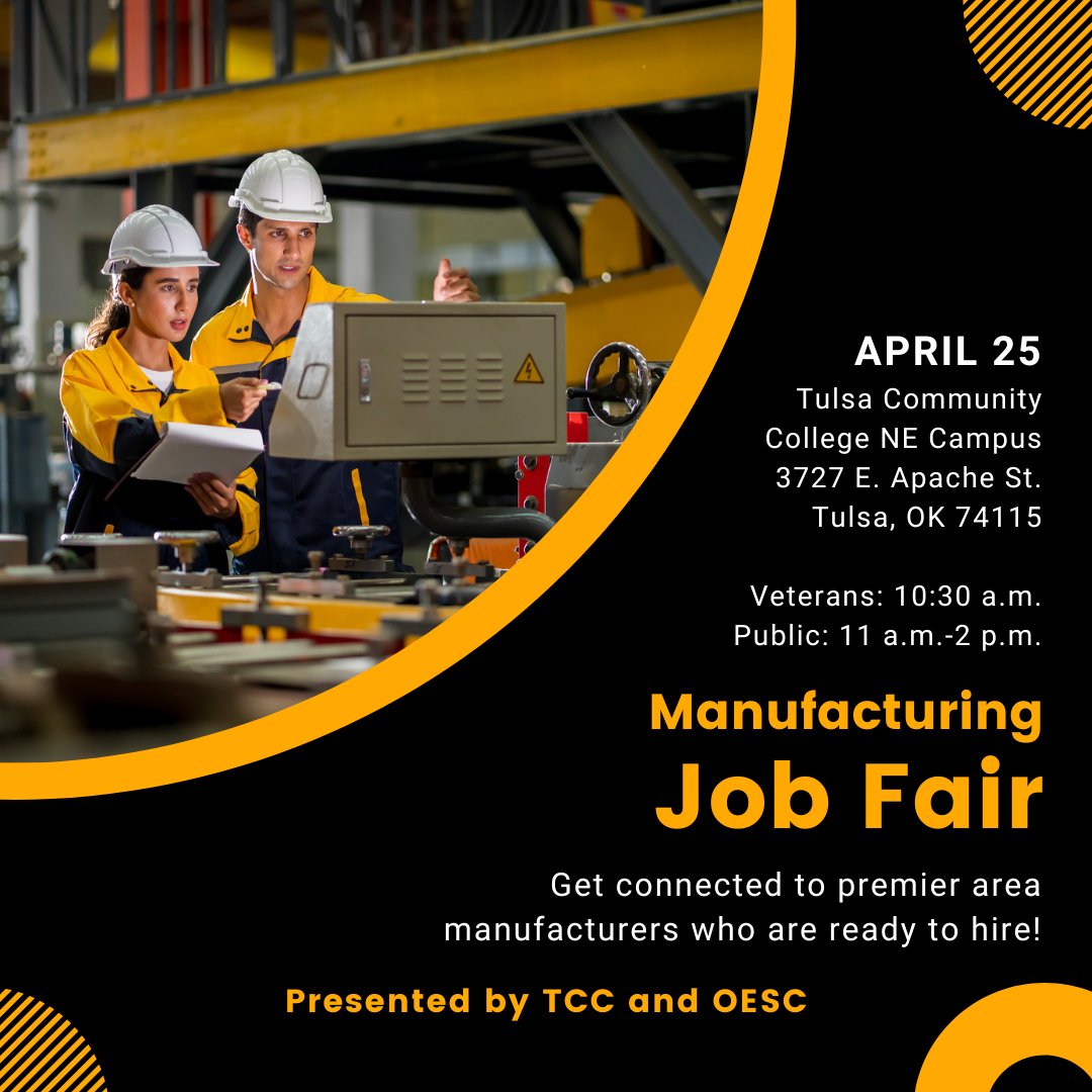 OESC and @tulsacc are teaming up for a Manufacturing Job Fair on Thursday, April 25th. The goal of the event is to connect top manufacturers with top talent, including students preparing to graduate from TCC. Register now! app.joinhandshake.com/career_fairs/4…