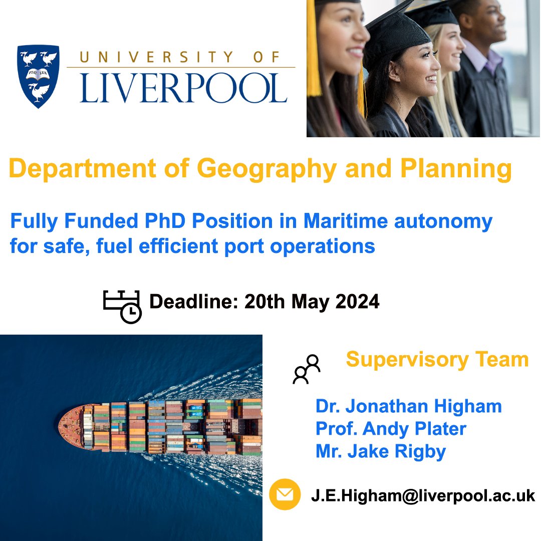 PhDScanner (@phdscanner) on Twitter photo 🔃 Please RT 📢📢 #phdposition alert
✅ Passionate about #NetZero #decarbonisation #maritime ⚓️
✅ Rare 4⃣ year <a href="/EPSRC/">Engineering and Physical Sciences Research Council</a> fully funded #PhDposition within Department of Geography and Planning <a href="/livunigeog/">livunigeog</a> <a href="/LivUni/">University of Liverpool</a>
📌 This #phdproject focusses on #maritime autonomy for safe, 🔃 Please RT 📢📢 #phdposition alert
✅ Passionate about #NetZero #decarbonisation #maritime ⚓️
✅ Rare 4⃣ year <a href="/EPSRC/">Engineering and Physical Sciences Research Council</a> fully funded #PhDposition within Department of Geography and Planning <a href="/livunigeog/">livunigeog</a> <a href="/LivUni/">University of Liverpool</a>
📌 This #phdproject focusses on #maritime autonomy for safe,