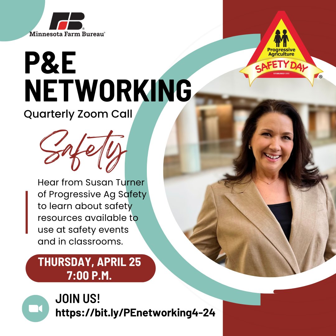 Join the P&E Committee on Zoom on Thursday, April 25 to talk all things Safety! Hear from Progressive Ag Safety's Susan Turner on safety resources and the conduction of safe events from breakfast on the farm to classroom visits! For more information, visit bit.ly/3xQQJUH