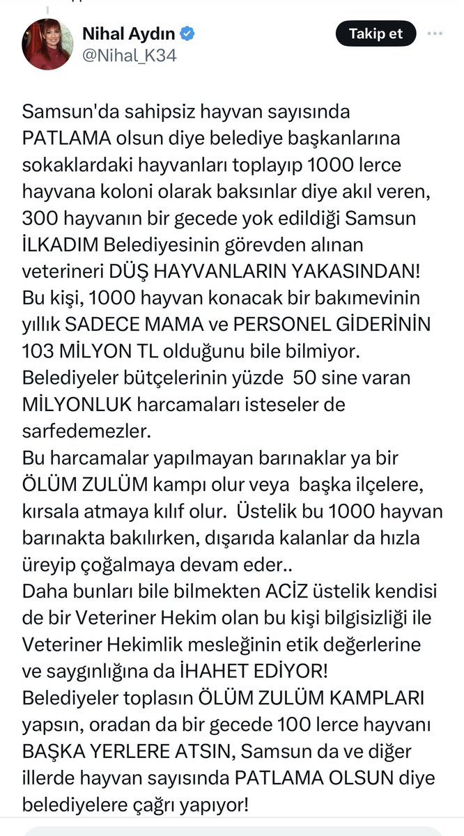 Hiçbir konuda eğitimi, uzmanlığı, yetkinliği, bilgisi yok ama mesleğinde uzman kişileri, siyasetçileri, idarecileri aşağılıyor hakaret ediyor. Böylesine kifayetsiz muhterisler yüzünden 20 yıldır sokaklarımız k@pek ahırına döndü. Sanırım kamu yönetimi artık gözünü açmıştır.